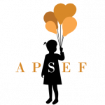 Logo de l'association APSEF à Courbevoie : silhouette de petite fille qui tient des ballons orange gonflés à l'hélium