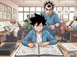 Adolescent dans une salle de classe de dessin en train de dessiner avec un professeur derrière lui et d'autres élèves en arrière plan dans un style manga avec de la tension dans l'air