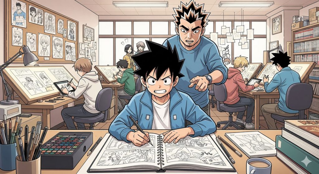 Adloescent dans une salle de classe de dessin en train de dessiner avec un professeur derrière lui et d'autres élèves en arrière plan dans un style manga avec de la tension dans l'air