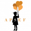 Logo de l'association APSEF à Courbevoie : silhouette de petite fille qui tient des ballons orange gonflés à l'hélium